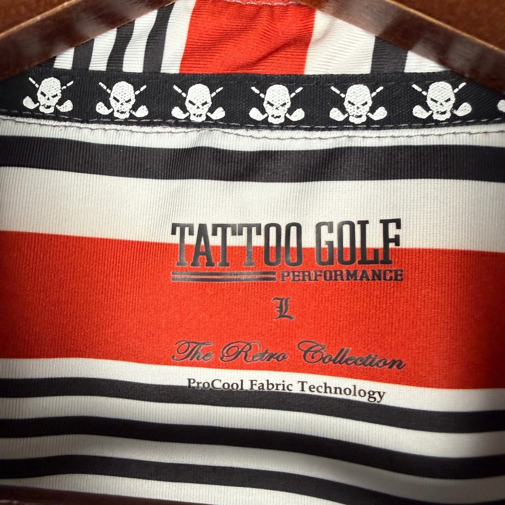Tattoo Golf Mens L ProCool Performance Stripe Polo Shirt Chest Pocket Skull - Picture 4 of 11